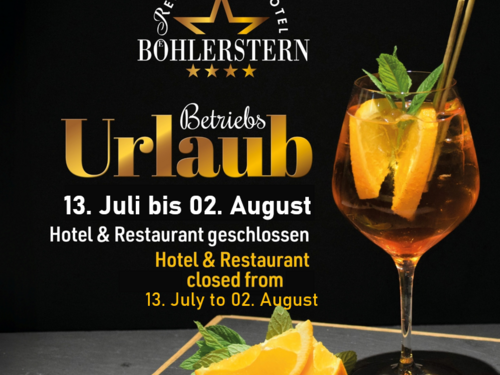 Böhlerstern: das Hotel in Kapfenberg für Seminare und Veranstaltungen Orange Scheiben und Cocktail mit Minze vor Betriebsurlaub-Hinweis vom Hotel Böhlerstern