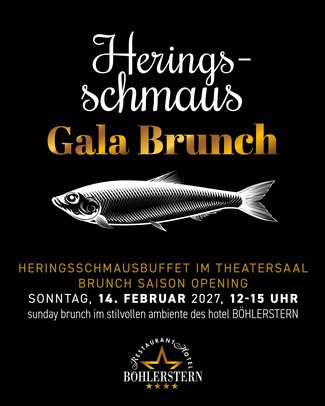 Brunch Schwarzes Plakat für Heringsschmaus-Gala-Brunch im Hotel Böhlerstern mit weißer Fischillustration