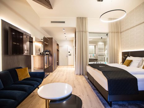Welcome to our conference hotel in Kapfenberg Modern hotel room with large bed, sofa, TV, and light wooden flooring