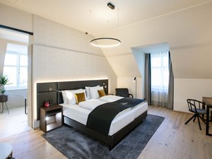 Seminarhotel Böhlerstern: die wichtigsten Infos zum Download Modernes Hotelzimmer mit Doppelbett, Schreibtisch und Badezimmer mit Pflanzen