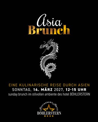 Brunch Schwarzes Plakat für Asia-Brunch mit weißer Drachenillustration und Terminangabe