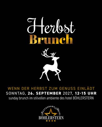 Brunch Schwarzes Plakat für den Herbstbrunch am 26. September 2027 im Hotel Böhlerstern mit Hirschmotiv