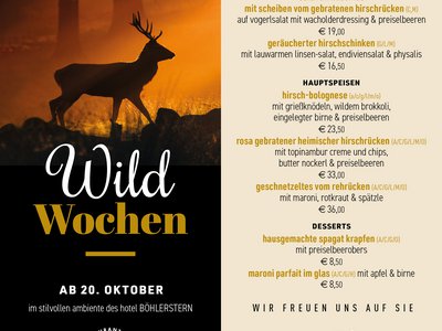Böhlerstern: das Hotel in Kapfenberg für Seminare und Veranstaltungen Wildwochen Menü in elegantem Ambiente mit Hirschgerichten im Hotel BÖHLERSTERN ab 20. Oktober