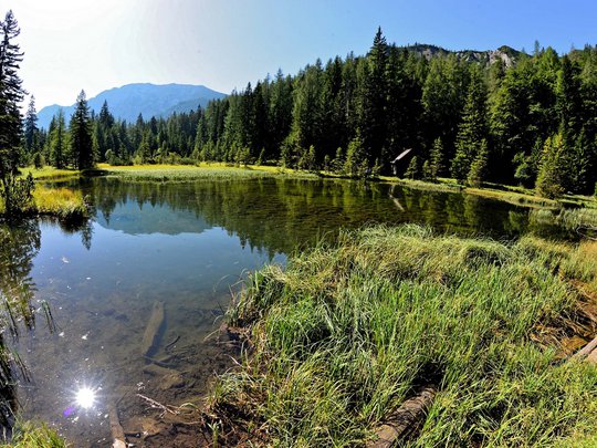 Our tips: the best trips in Styria Small calm forest lake with mountains and sunlight reflecting on the water