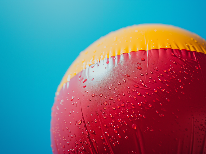 Ideen für Teambuilding mit Übernachtung Nahaufnahme eines rot-gelben Balls mit Wassertröpfchen vor blauem Hintergrund