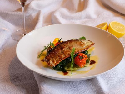 Welcome to our conference hotel in Kapfenberg Pan-fried fish fillet with spinach, tomatoes, and a glass of white wine