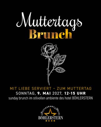 Brunch Schwarzes Plakat für Muttertagsbrunch im Hotel Böhlerstern am 9. Mai 2027, mit einer Rosenzeichnung