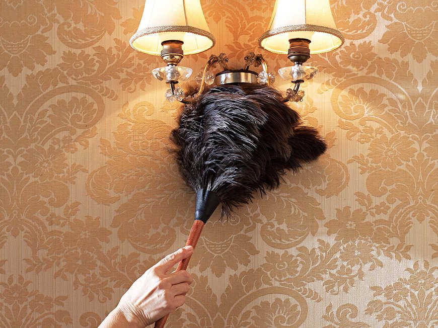 Hotel Böhlerstern: hygiene and safety concept Hand dusting a wall lamp with a feather duster on ornate wallpaper
